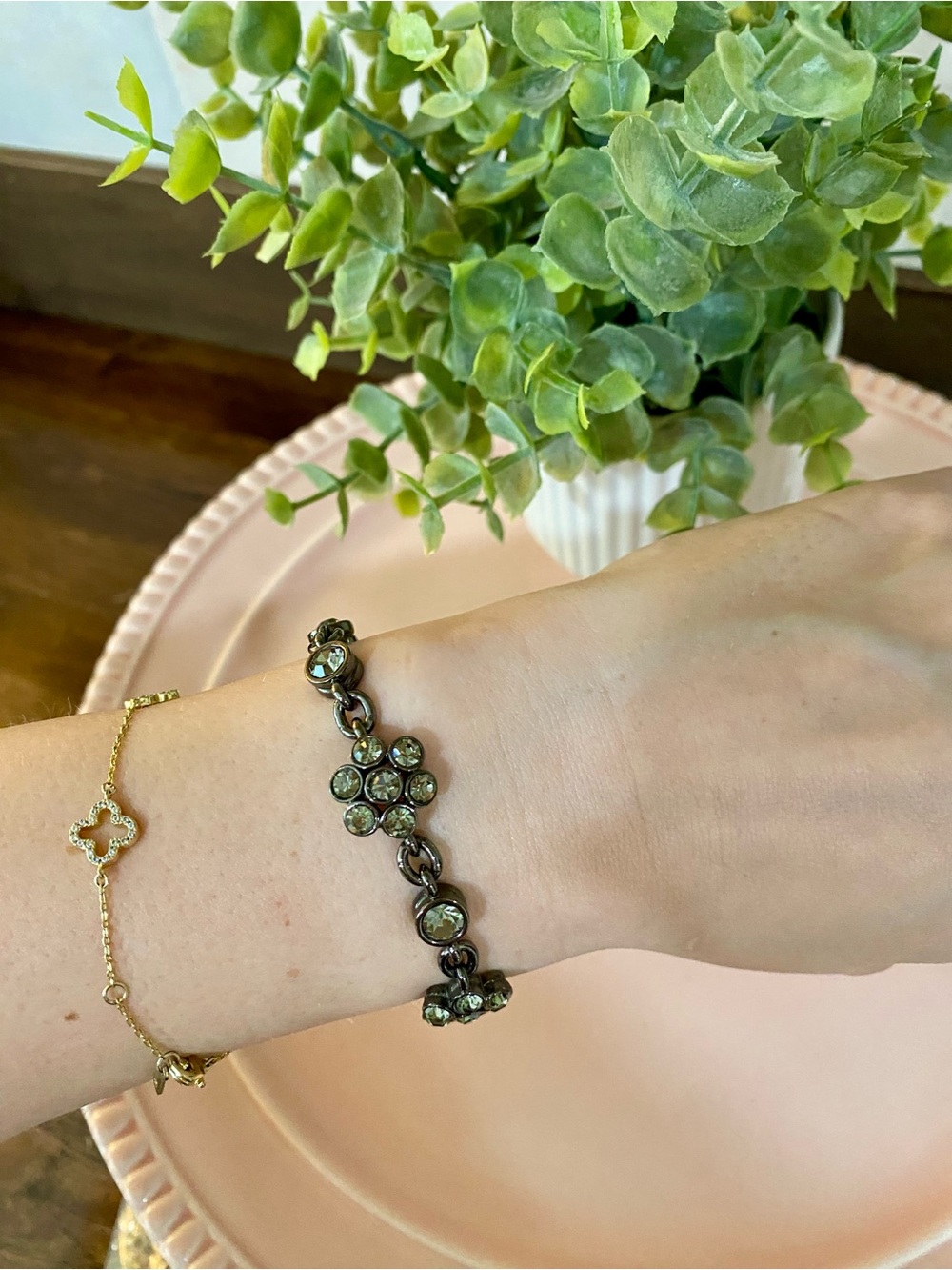 LC Lauren Conrad Gunmetal Crystal Flower Link Bracelet